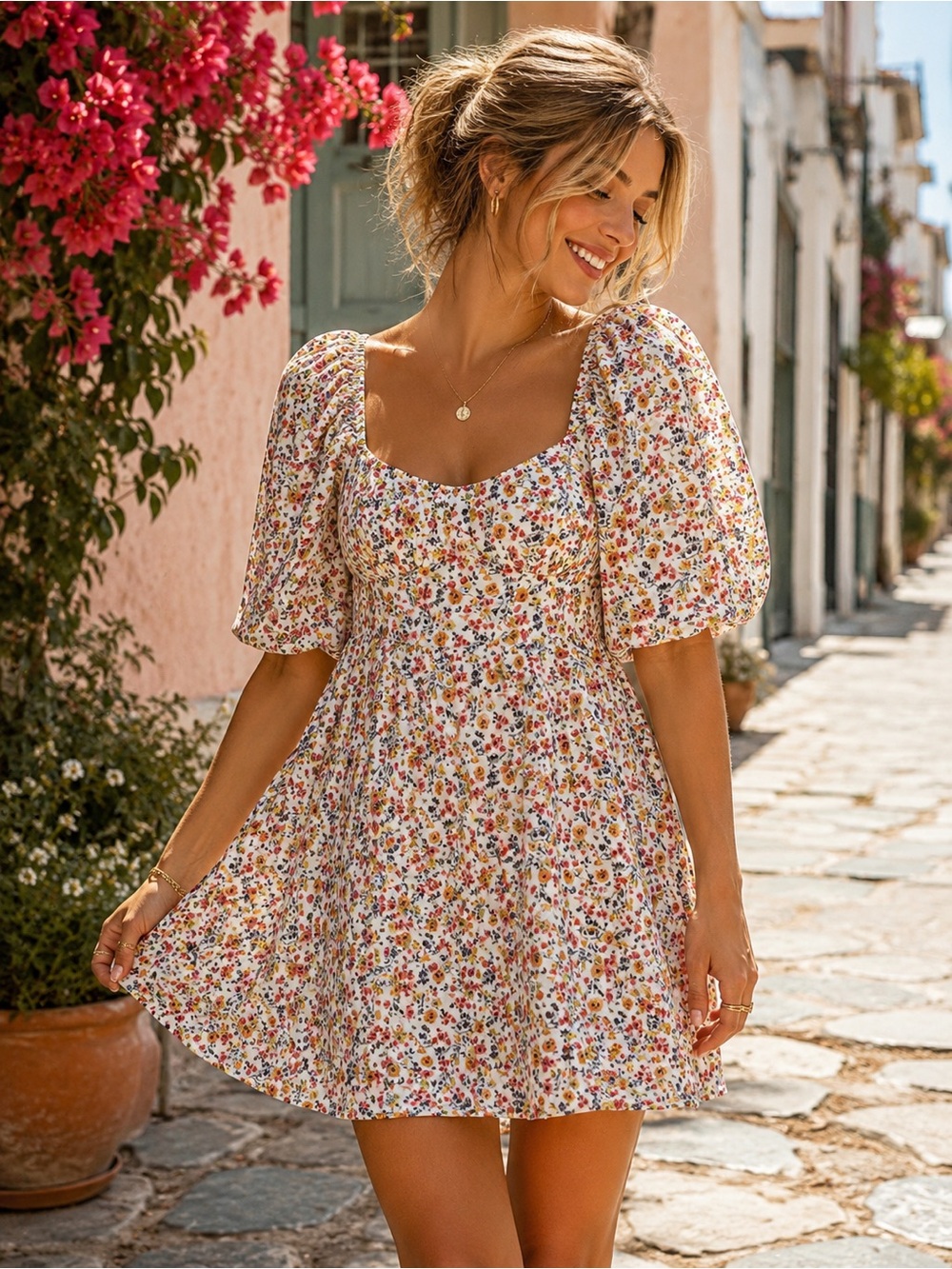 Flynn Skye Floral Mini Dress Small Puff Sleeve Cottagecore Boho Rayon